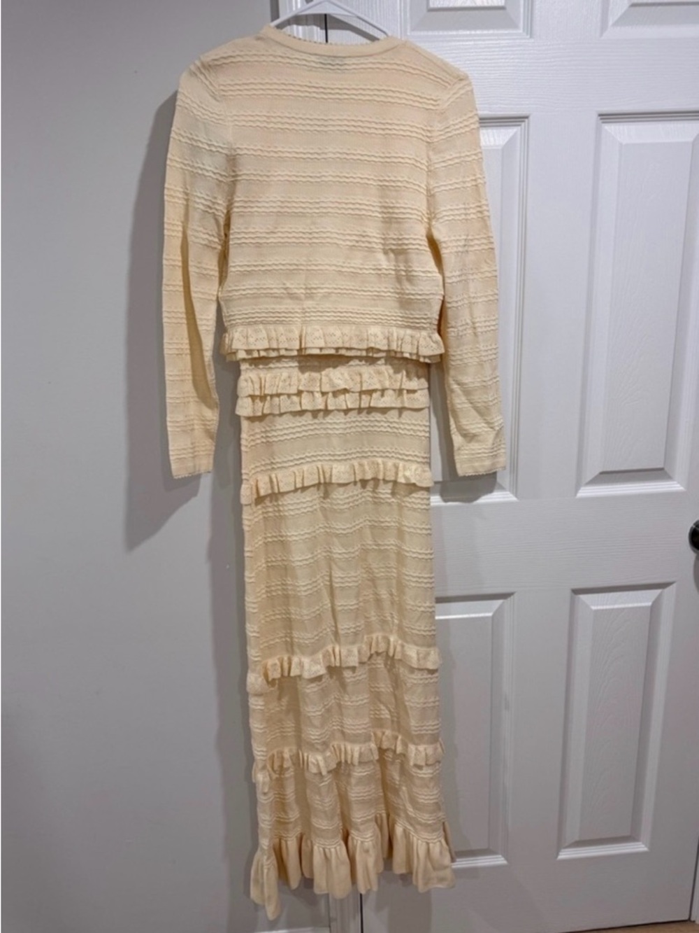Sandro set Cream Knit Maxi Dress and Cardigan with Tiered Ruffle Panels - Picture 7 of 7